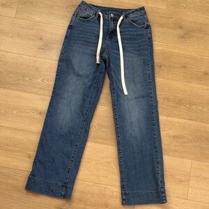 Wide-Leg Denim Jeans with White Drawstring